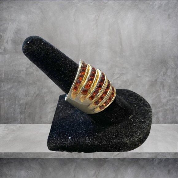 Gold Toned Ruby Ring, Alternating Bands of Metal with Rows of "Rubies" (Faux) - Picture 2 of 5